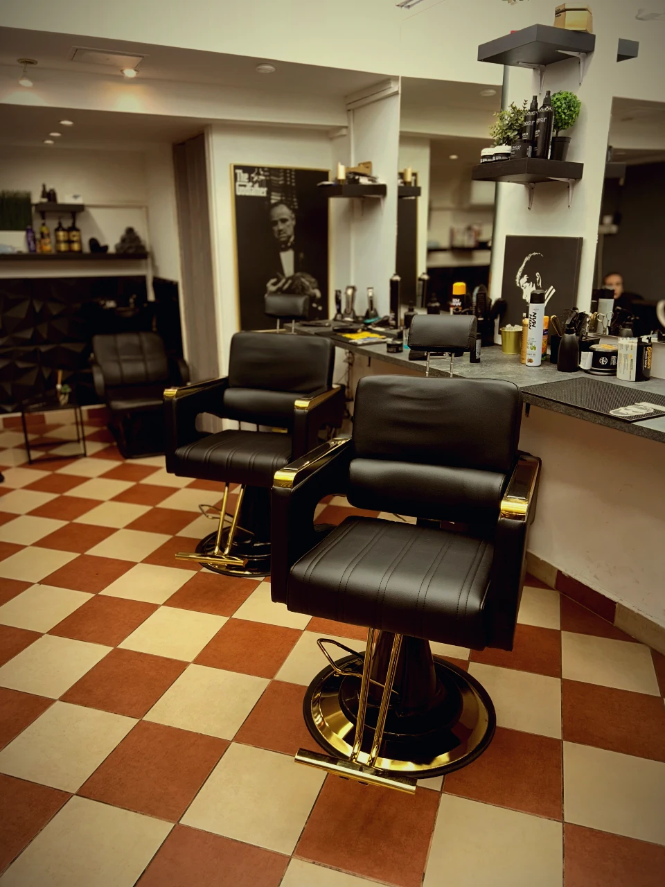 Premium barbershop interior with leather chairs and warm lighting